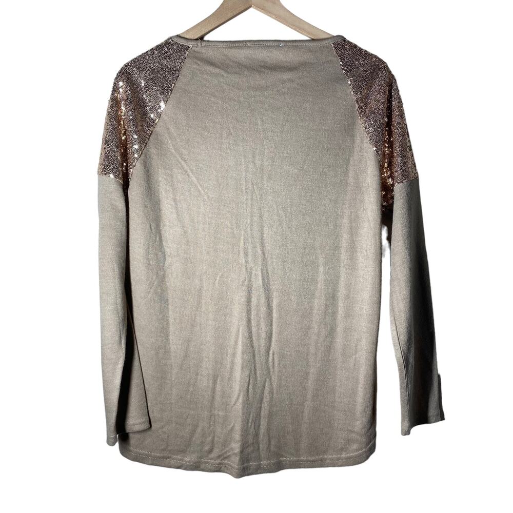 She + Sky Tan Sweater Sequin Shoulder Detail Size Medium Holiday Sparkly NYE - Picture 5 of 6